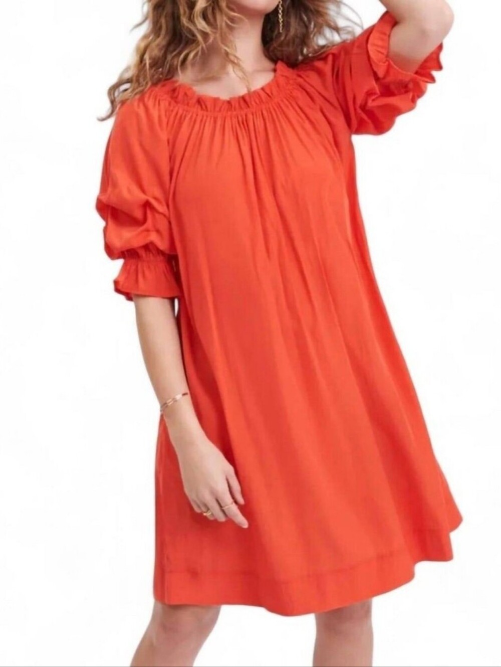 MERSEA x Anthropologie Tulum Ruffle Dress Sunset Orange Off Shoulder Medium - Picture 9 of 16
